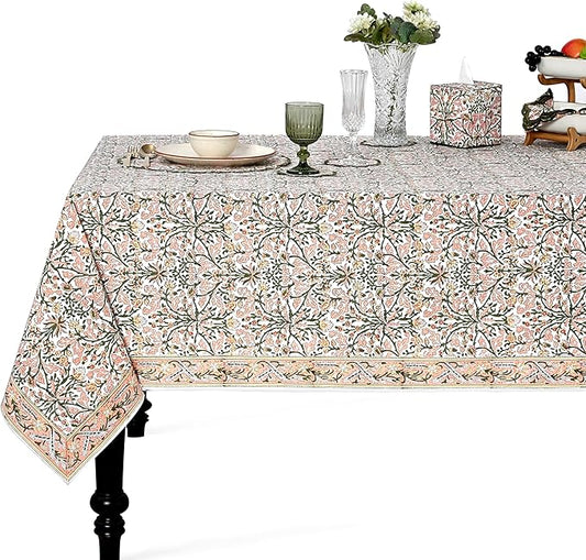 Ridhi Hand Block Print Sassy Salmon Emerald Green Rectangle Cotton Tablecloth 140" x 72" Reusable Table Cover Decorative Everyday Use for Dining, Farmhouse, Home Gift for Spring, Easter, Valentine