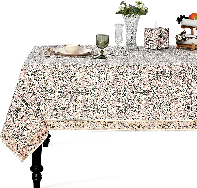 Ridhi Sassy Salmon and Emerald Green Hand Block Print Cotton Cloth Dinning Table Cover Wedding Farmhouse Thanksgiving Christmas Spring Fall Tablecloth 4 Seater 60x60 Inches Square