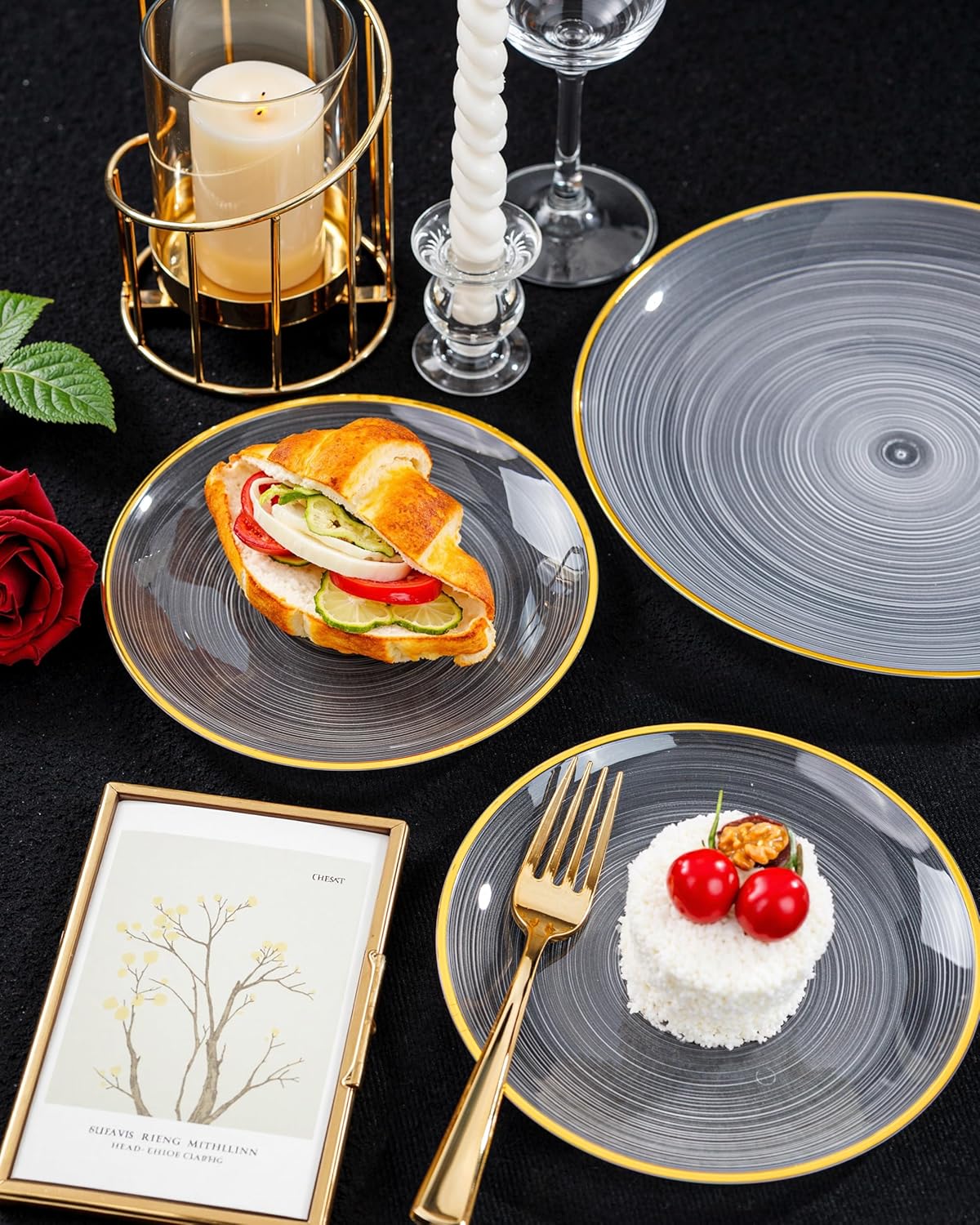 Morejoy 100Pcs Clear Plastic Plates,Clear Disposable Plates With Gold Rim,Heavy-duty Gold Plate, Modern swirl design Plate Include 50Clear Dessert-Platos,50Dinner-Platos for Party&Thanksgiving