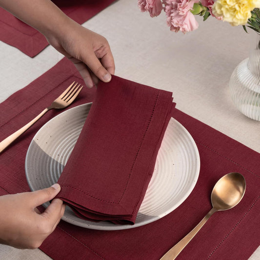 D'Moksha Homes Dark Red Linen Napkins Set of 8 - Classic Hemstitch 100% Pure Linen Hemstitch Dinner Napkins 20 x 20 Inch for Fall, Thanksgiving, Christmas, Holiday - Handcrafted and Machine Washable