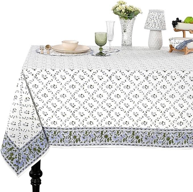 Ridhi Hand Block Print Powder Blue Rectangle Cotton Tablecloth 190" x 72" Reusable Table Cover Decorative Everyday Use for Dining, Farmhouse, Home Gift for Spring, Easter, Valentine