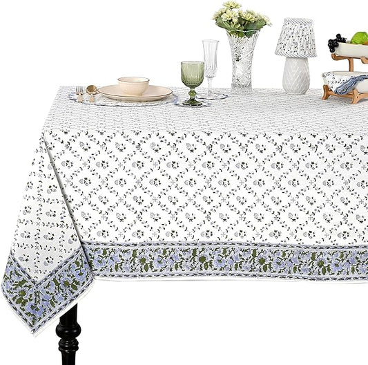 Ridhi Hand Block Print Powder Blue Rectangle Cotton Tablecloth 190" x 72" Reusable Table Cover Decorative Everyday Use for Dining, Farmhouse, Home Gift for Spring, Easter, Valentine