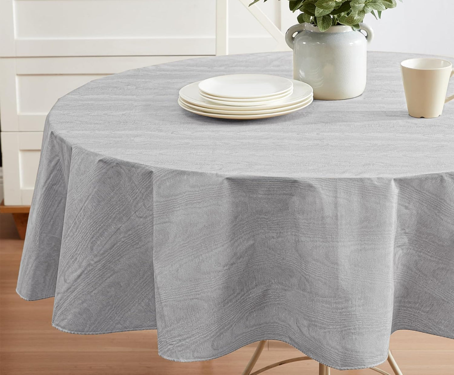 Newbridge Vinyl Flannel Backed Tablecloth, 70 inch Round, Grey Moire Wavy Solid Design, Heavyweight Indoor Outdoor Waterproof Table Cover, Easy Care Wipe Clean