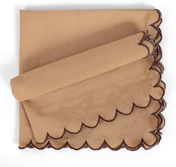 FINGERCRAFT Cloth Napkins, Everyday Use Scallop Design, Premium Quality Natural Cotton Napkin Set of 6 Perfect for Parties Dinners Weddings Easter Napkin Cloth 20x20 inch Brown/Chocolate