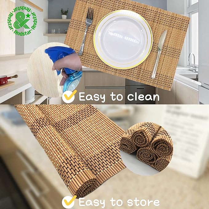 ANDSTAR Set of 8 Pcs Bamboo Placemats Natural Anti-Slip Bamboo Placemats Washable Heat-Resistant Table Mats for Dining Room and Kitchen (Brown+White+Black)