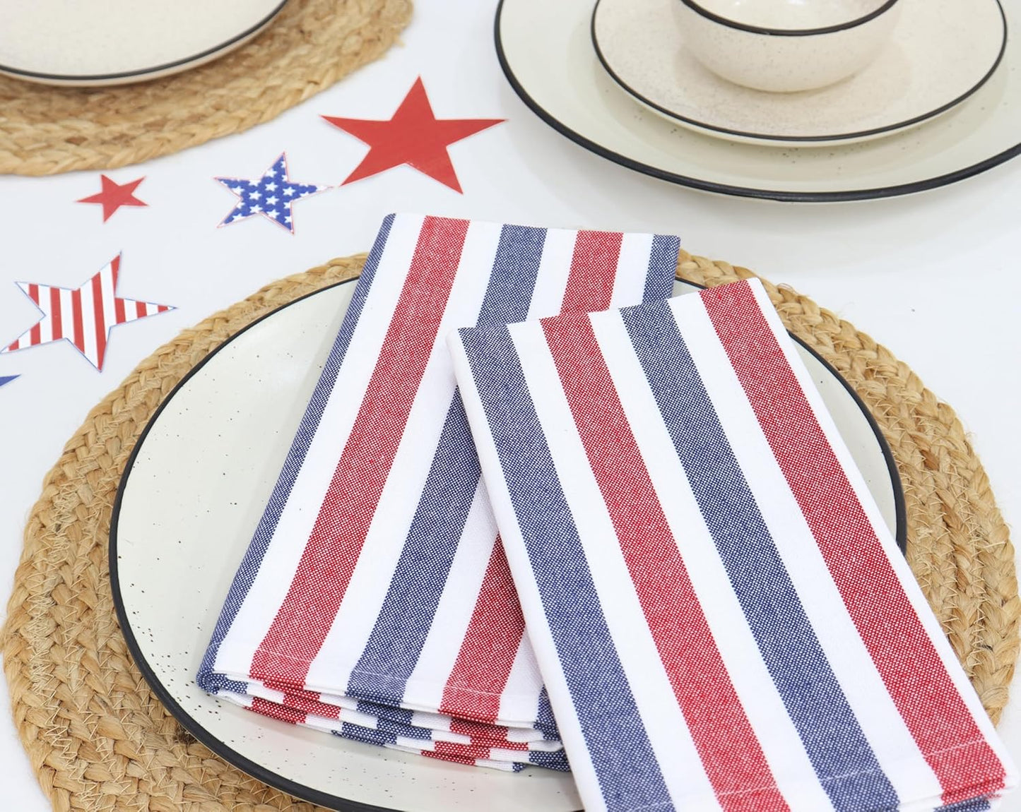 PurpleEssences 4th of July Plain Striped Cloth Napkins - Set of 12-100% Cotton - 18 x 18 Inch - Perfect Everyday Use Dinner Napkin - Labor Day- Red Blue White