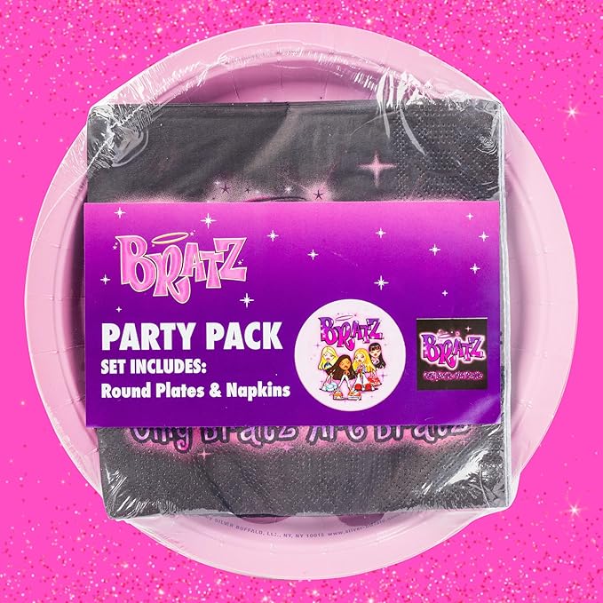 Silver Buffalo Bratz Dolls Featuring Yasmin, Sasha, Jade, and Cloe 32 Pack Partyware Disposable Paper Plates and Napkins