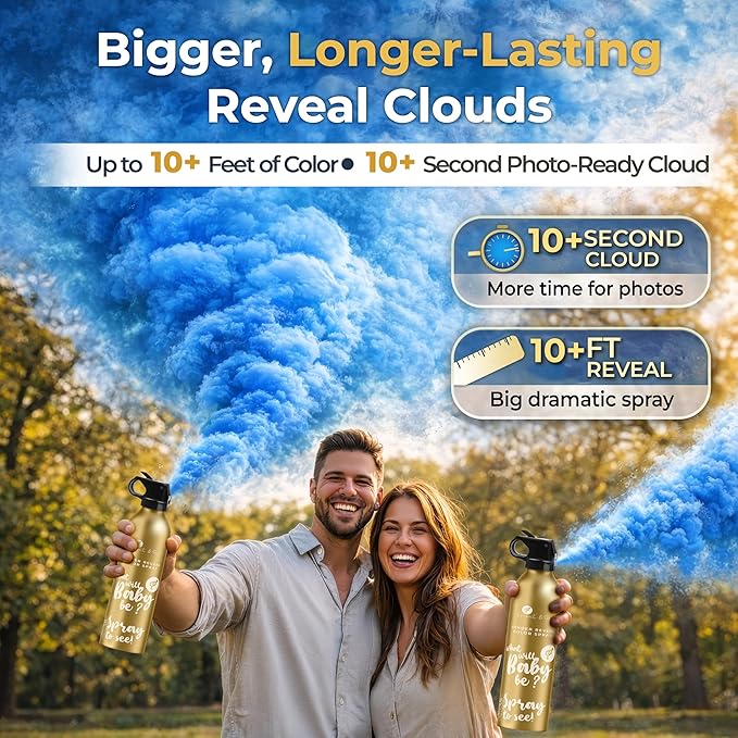 Gender Reveal Smoke Bombs Set – 2 Pack Gender Reveal Fire Extinguisher Spray (Blue, 150g Each) – Non-Toxic Cornstarch Cloud for Baby Boy Reveal Party Ideas, Pregnancy Announcement – Stickers Included