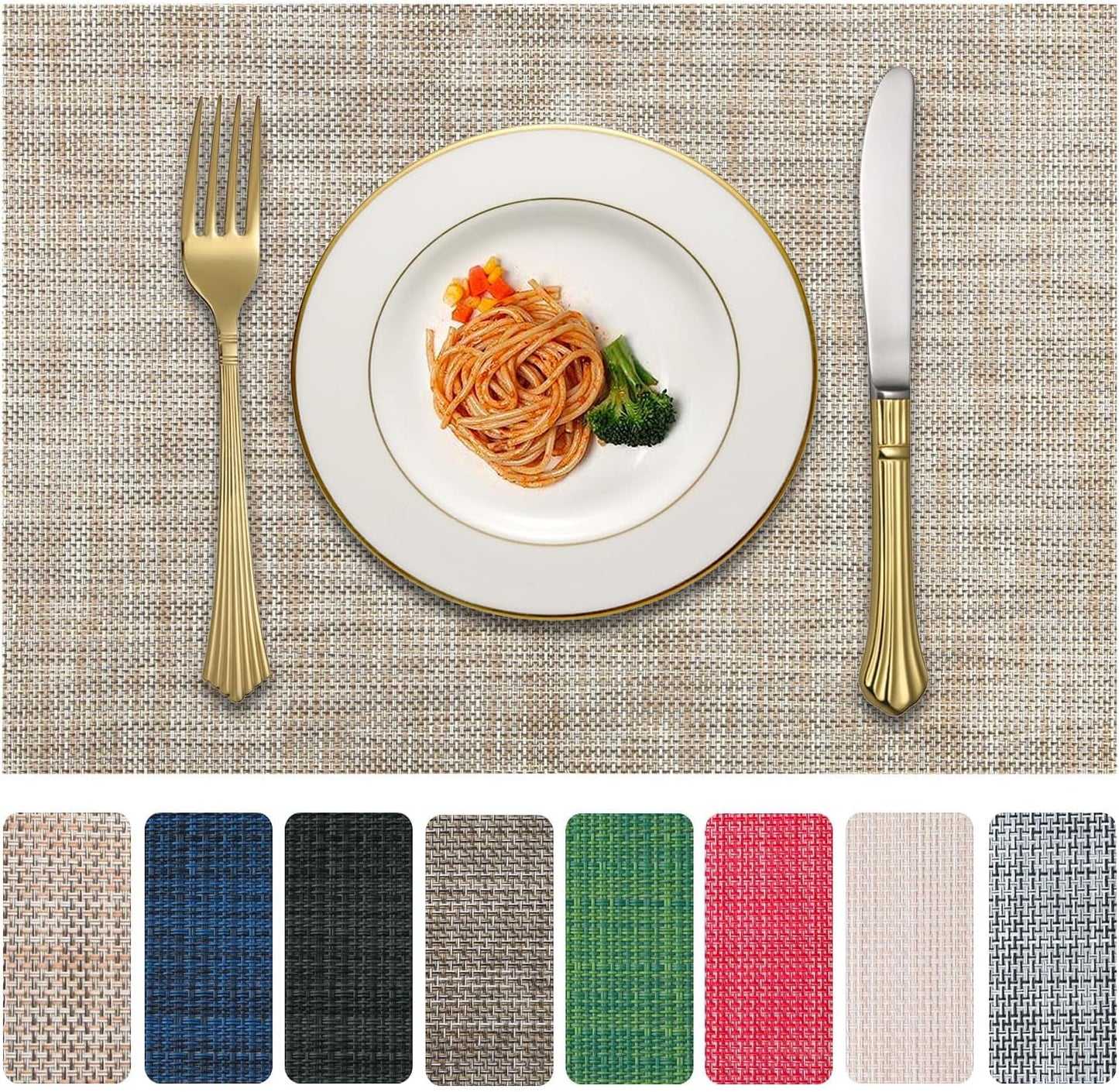 Vinyl Placemats Set of 4, PVC Woven Washable Non-Slip Table Mats, Heat Resistant Wrinkle Free Place Mats for Dining Table, Easy to Clean (4, Caramel)