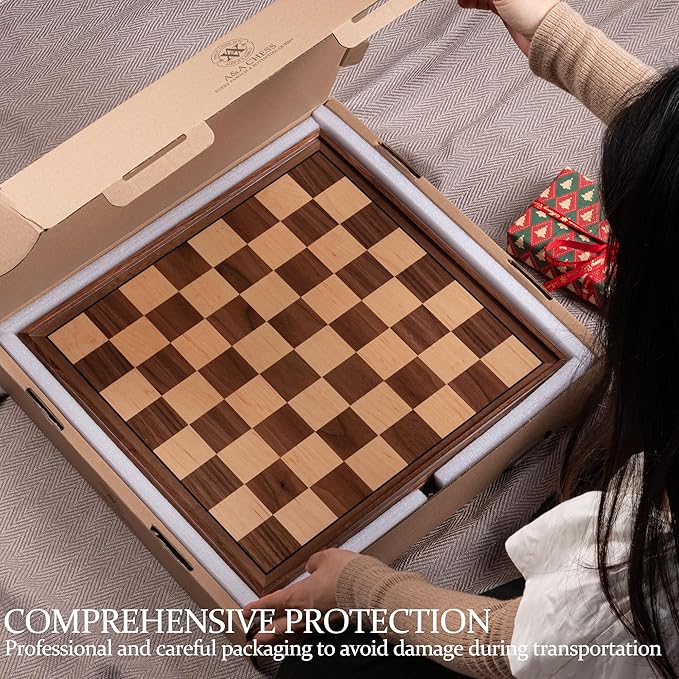 A&A 15 inch Walnut Wooden Chess Set with Storage Drawer, Triple Weighted Pieces, 3.0 inch King Height, Walnut & Maple Inlay, 2 Extra Queen, Classic 2 in 1 Chess and Checkers Board Game