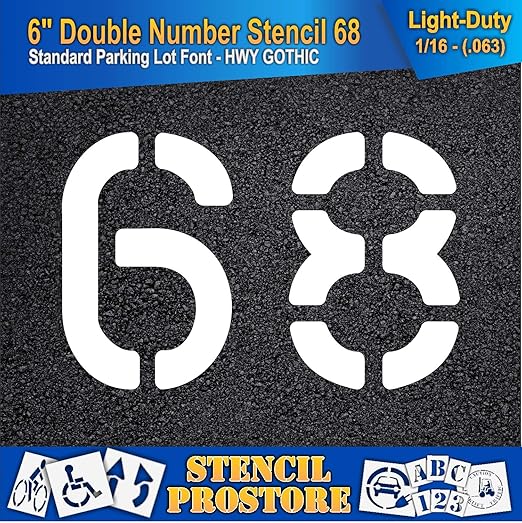Pavement, Curb, and WheelStop Stencils - 6 inch Double Number Stencil - (68) - 6" x 9" x 1/16" (63 mil) - Light-Duty
