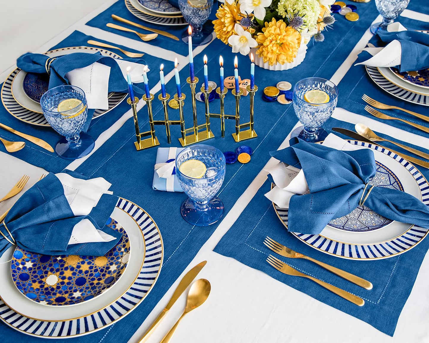 Solino Home Linen Table Runner 48 Inches - 100% Pure Linen Indigo Blue Hemstitch Table Runner 14 x 48 Inch Ideal for Dresser and Coffee Tables - Fall, Autumn, Christmas, Holiday - Classic Hemstitch