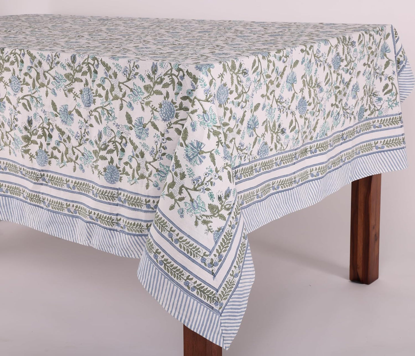 ATOSII Mahoka Blue 100% Cotton Fall Tablecloth, Handblock Floral Linen Table Cloth for Kitchen Dining Table I Parties Weddings Outdoors Easter Valentine's Gift I 60 X 108 Inches I 8 Seater