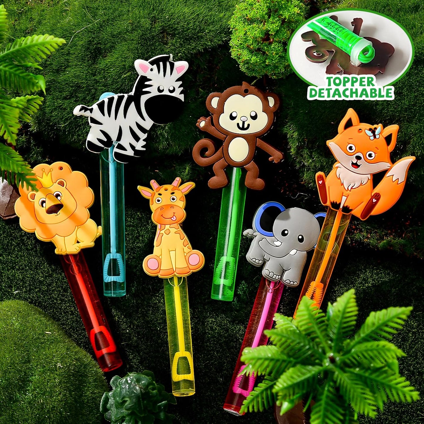 Winrayk Safari Party Favors, 24Pcs Jungle Animals Mini Bubble Wands for Kids Bubbles Bulk with Detachable Topper (6 Styles & Colors), Birthday Goodie Bag Stuffer Classroom Prizes Wild One Party Favors