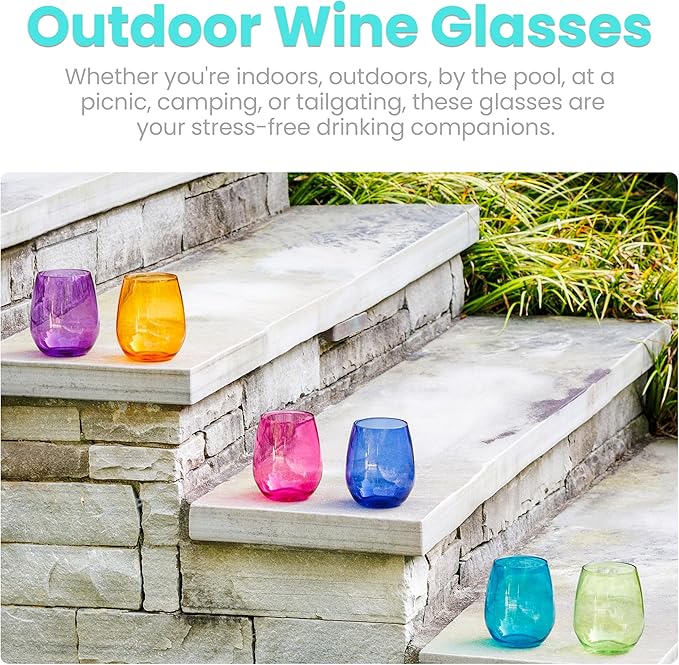 pop design Premium Unbreakable Stemless Wine Glasses – Set of 6 Durable BPA-Free Shatterproof Acrylic Glasses, 16oz Reusable Drinkware for Wine, Champagne, Cocktails, Home Bar & Outdoor Use