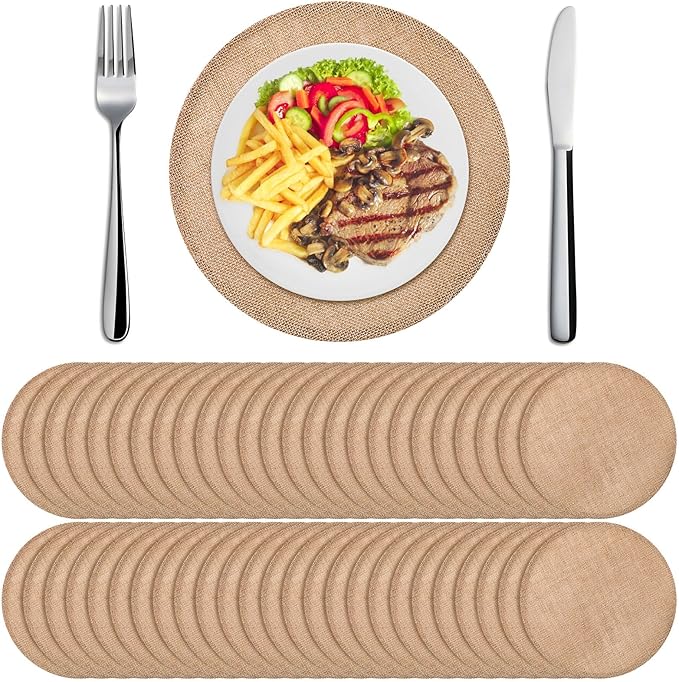 Yunlly Set of 48 Round Burlap Placemats Bulk Burlap Farmhouse Placemats Set Heat Resistant Table Mats Circle Jute Charger Place Mats for Wedding Holiday Dinner Rustic Table Decorations(15 in,Brown)