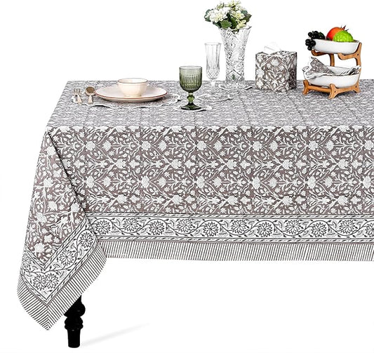 Ridhi Hand Block Print Taupe Rectangle Cotton Tablecloth 118" x 70" Reusable Table Cover Decorative Everyday Use for Dining, Farmhouse, Home Gift for Spring, Easter, Valentine
