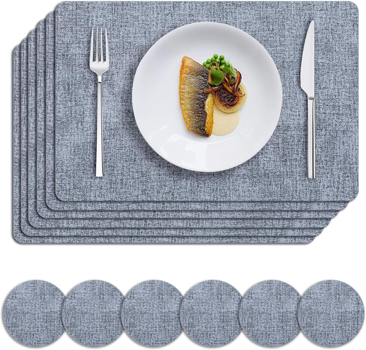 MOSAYT Faux Leather Placemats Set of 6, Heat Resistant Wipeable Washable Vinyl Place Mats with Coasters, Waterproof Oil Proof Table Mats for Kitchen Dining Party Indoor Outdoor, 12" x 18", Sky Blue