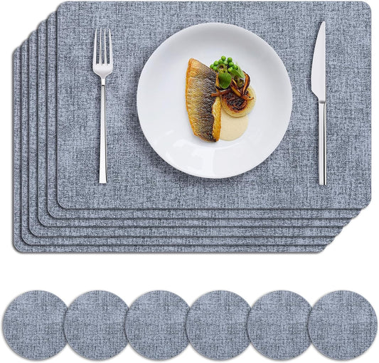 MOSAYT Faux Leather Placemats Set of 6, Heat Resistant Wipeable Washable Vinyl Place Mats with Coasters, Waterproof Oil Proof Table Mats for Kitchen Dining Party Indoor Outdoor, 12" x 18", Sky Blue