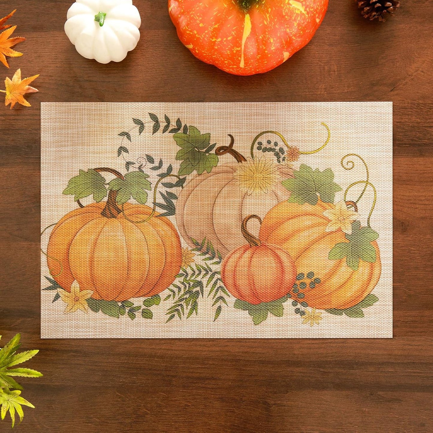 Thanksgiving Placemats Set of 6 Fall Place Mats Pumpkin Maple Leaves Table Mats Washable Non-Slip Heatproof Woven Placemats for Dining Table (17.7" X 11.8")