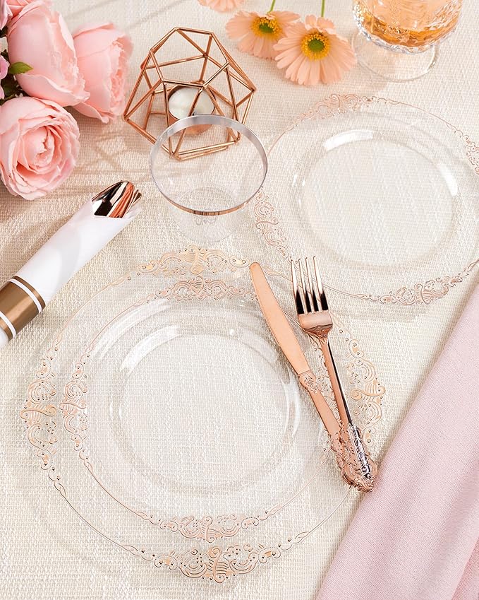 Nervure 175PCS Rose Gold Plastic Plates - Disposable Rose Gold Party Plates & Pre Rolled Napkins with Cutlery for 25 Guests, 50Plates, 75Silverware, 25Cups, 25Napkin for Wedding & Party & Easter