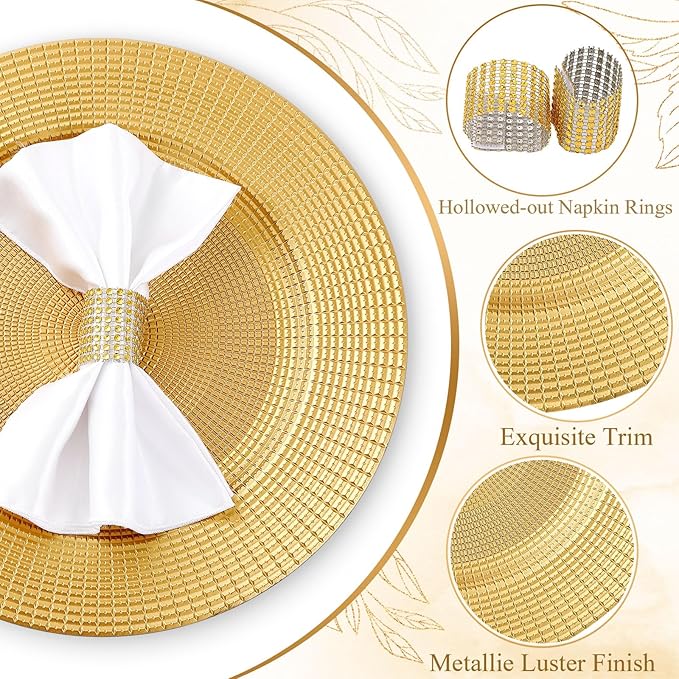 Tanlade 50 Set Bright Gold Charger Plates Bulk with Napkin Rings Plastic 13" Plate Charger Fluted Edge Wedding Decoration for Table Wedding Party Event(Chain)