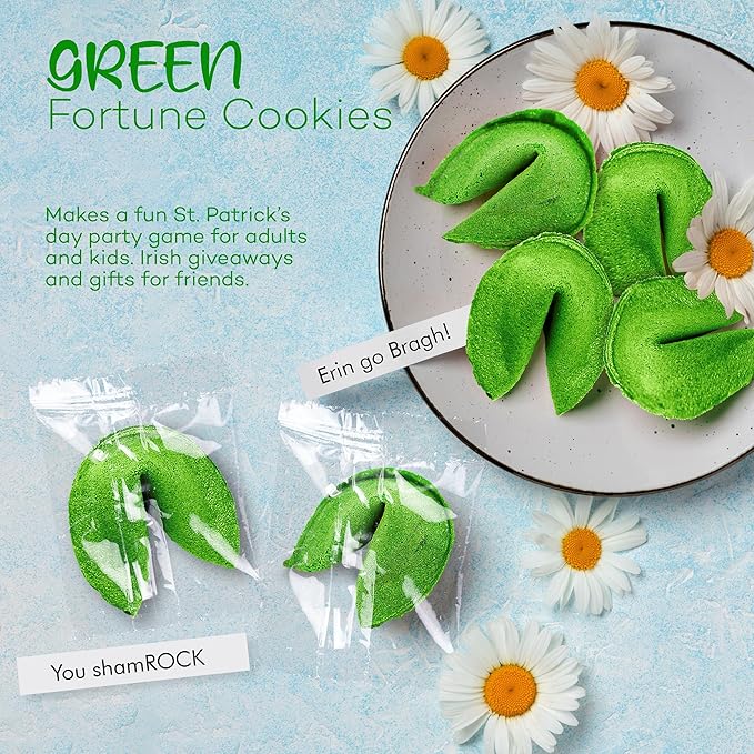 4E's Novelty St Patricks Day Fortune Cookies (50 Pack) Bulk Individually Wrapped Green Fortune Cookies With 50 Unique St Patricks Day Themed Fotune, Party Favors & Candy Bowl Filler