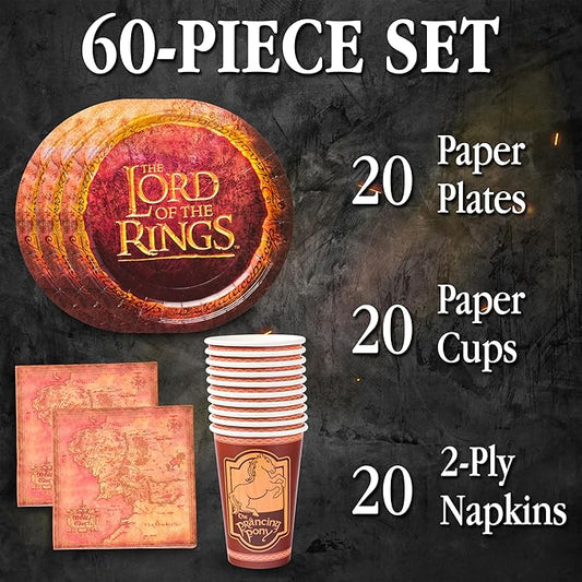 Silver Buffalo The Lord of the Rings Prancing Pony 60 Pack Partyware Disposable Paper Plates, Napkins, and Cups