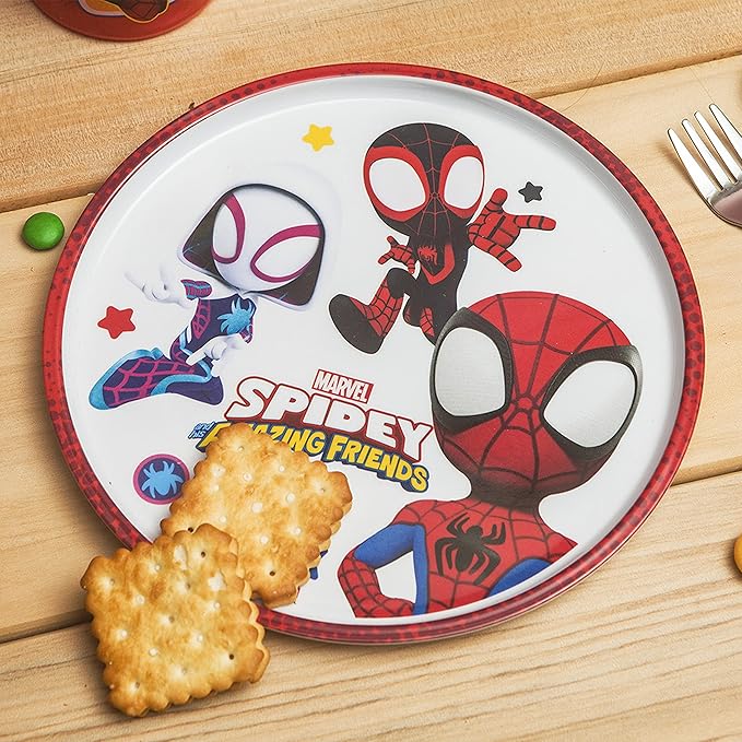 Zak Designs 5-Piece Dinnerware Set, Marvel Spidey and His Amazing Friends - Durable Plastic & Stainless Steel - Includes Water Bottle, Plate, Bowl, Fork & Spoon - Suitable for Kids Ages 3+