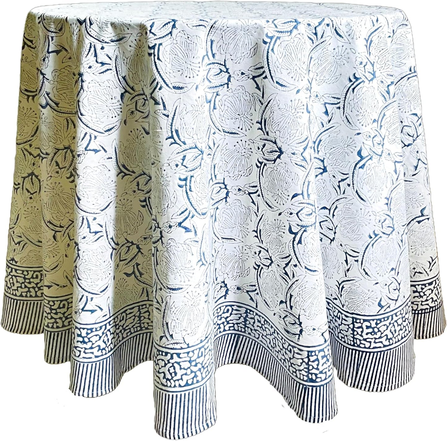 ATOSII Santorini 100% Cotton Round Boho Fall Tablecloth, Handblock Floral Table Cloth Linen for Kitchen Dining I Parties Wedding Outdoors Christmas Thanksgiving I Fall Home Decor 72" Inches Round