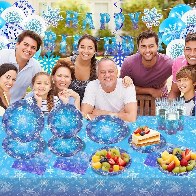 148pcs Snowflake Frozen Birthday Party Supplies,Blue and Purple Snowflake Winter Wonderland Paper Plates and Napkins Kit for Christmas Winter Holiday New Year Party Supplies Decorations,Serves 24