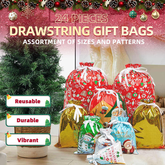 Christmas Gift Bags, 24pcs Drawstrings Christmas Gifts Bags Bulk Assorted Sizes, Reusable Plastic Xmas Presents Wrapping Holiday Goody Bag With Ribbon Ties&Tags, Extra Large/Big/Medium/Small Size