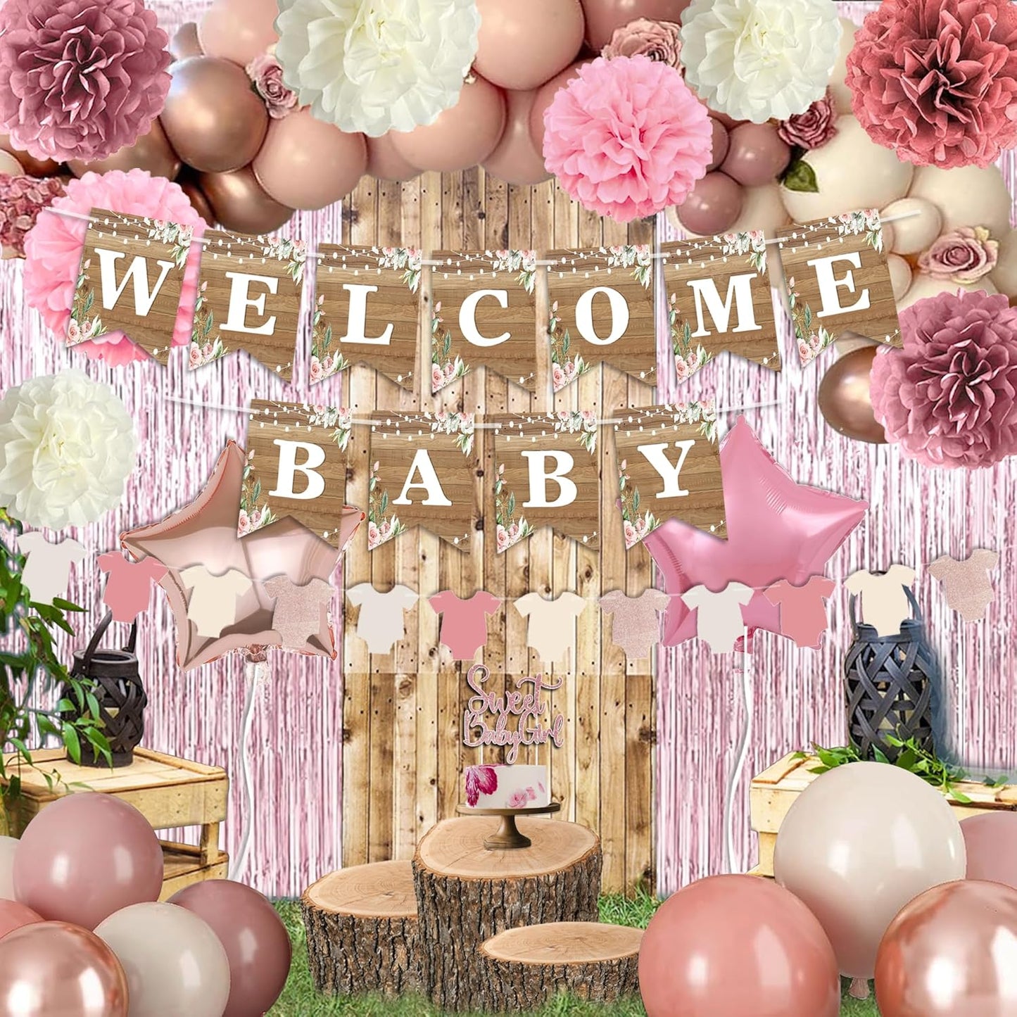 Dusty Pink Baby Shower Decoration, Girl Baby Shower Decor Set with Welcome Baby Banner, Sweet Baby-girl Cake Topper,Tissue Pom Poms,Retro Blush Rosegold Balloon,Boho Baby Gril Shower Party Supplies