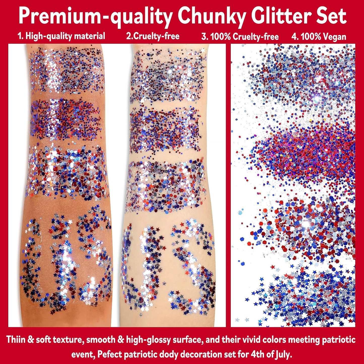Allstarry Chunky Body Glitter 4 Colors Cosmetic Patriotic Face Glitter Independence Day Hair Sequins Sparkle Veterans Day Eye Flakes 4th of July Accessories for Olympics Party Women Face Paint Makeup