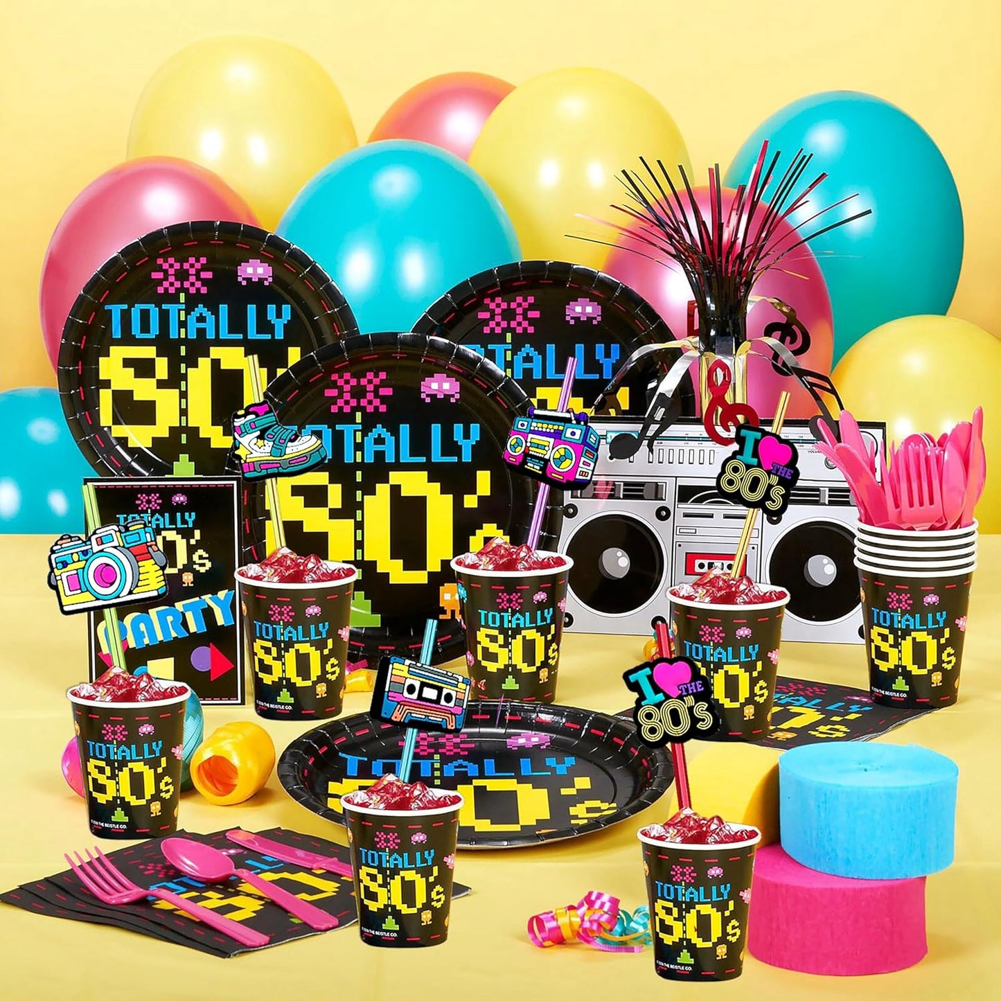 24pcs 80s Party Decorations Retro Straws Hip Hop Themed Music Party Favors Straws 80s Radio Speaker Phone Tape Straw Decorations Party Supplies With 2 Brushes 6 Color straws