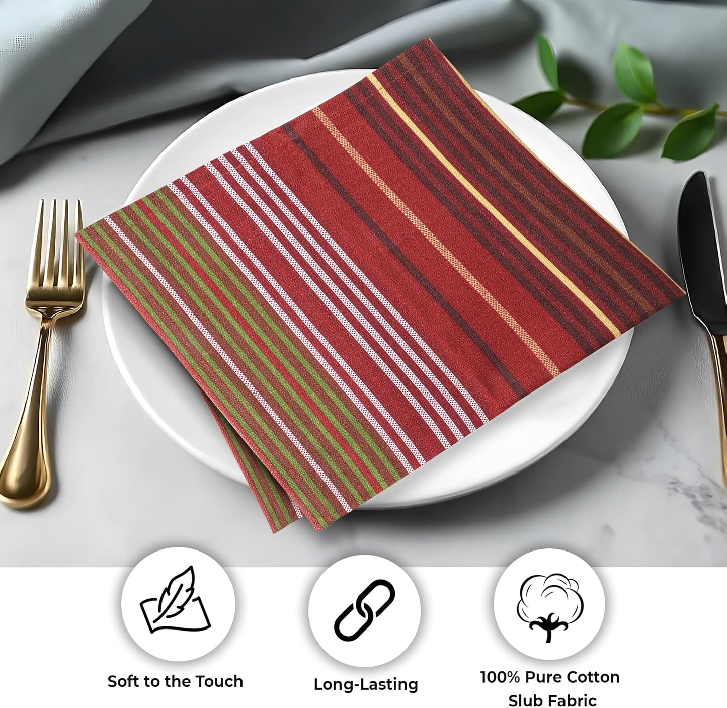 Urban Villa Fall ClothNapkins Stripes Print 100% Cotton Absorbent Dinner Napkins Set of 12 (20X20 Inches) Thanks Giving Napkins Soft Durable Washable Reusable Ideal for Everyday Use Wedding Parties