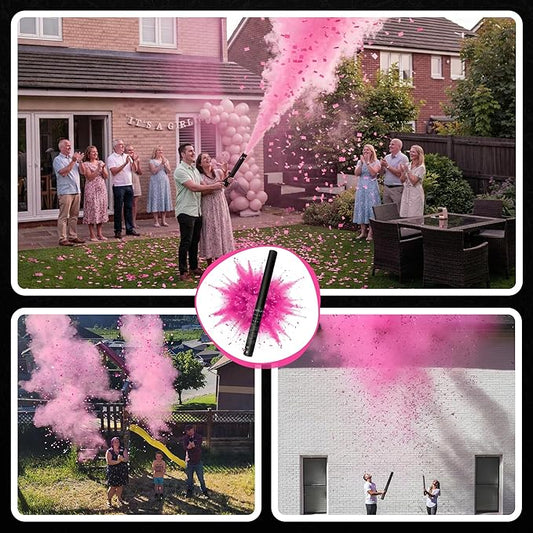 Ultimate Confetti – Handheld Gender Reveal Powder + Confetti Cannon 24” Pink – Non-Toxic Food-Grade Powder Cannon – Pre-Filled, Leak-Resistant Single-Use Cannon– 15–25 ft Outdoor Photo-Ready Explosion