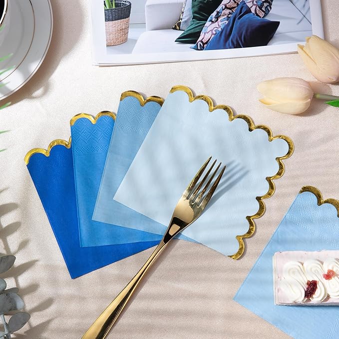 100 Pcs Blue Cocktail Napkins with Gold Foil Scalloped Edges 5 x 5 Inch Dessert Napkins Disposable Thick Paper for Wedding Dinner Birthday Party