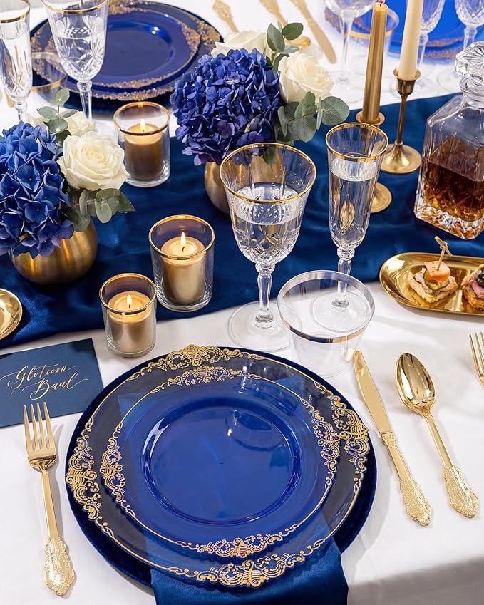 Nervure 350PCS CLear Blue Plastic Plates - Blue Gold Plastic Dinnerware Sets for 50 Guests - 100 Disposable Plates, 150 Silverware, 50 Cups, 50 Napkins for Wedding & Party