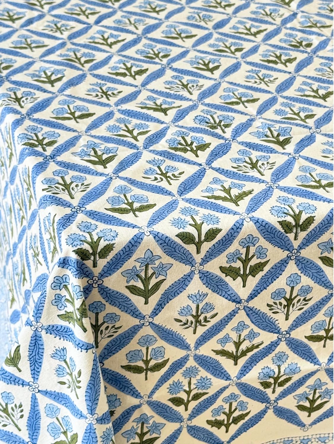 ATOSII Netta Blue 100% Cotton Rectangle Summer Tablecloth, Handblock Floral Print Linen Table Cloth for Kitchen Dining I Parties, Weddings, Outdoors, Decor 60 X 90 Inches, 6 Seater