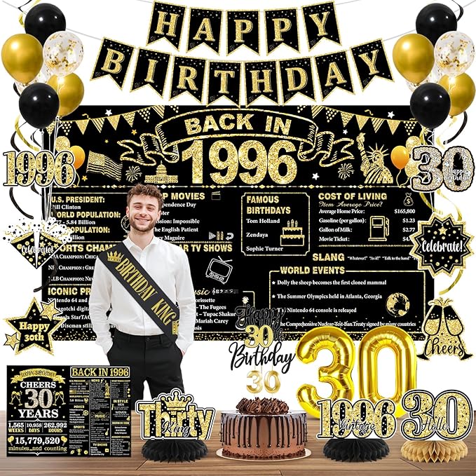 30th Birthday Decorations for Him, Black Gold Back in 1996 Party Decor Kit, Happy 30th Birthday Party Supplies with Sash, Banner, Backdrop, Balloons, Cake Topper, Honeycomb Centerpieces