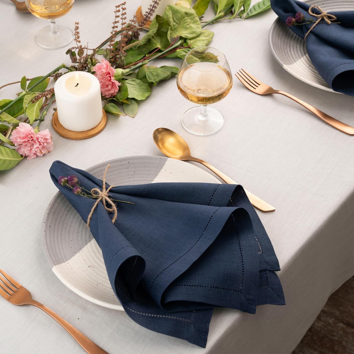 D'Moksha Homes Navy Blue Linen Napkins Set of 8 - Classic Hemstitch 100% Pure Linen Hemstitch Dinner Napkins 20 x 20 Inch for Fall, Thanksgiving, Holiday - Handcrafted and Machine Washable