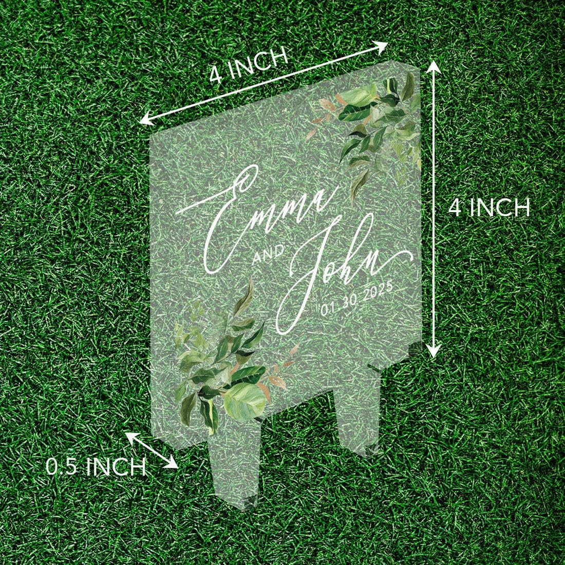 Andaz Press Greenery Eucalyptus Custom Wedding Cake Topper, Acrylic Square Personalized Couple Cake Topper