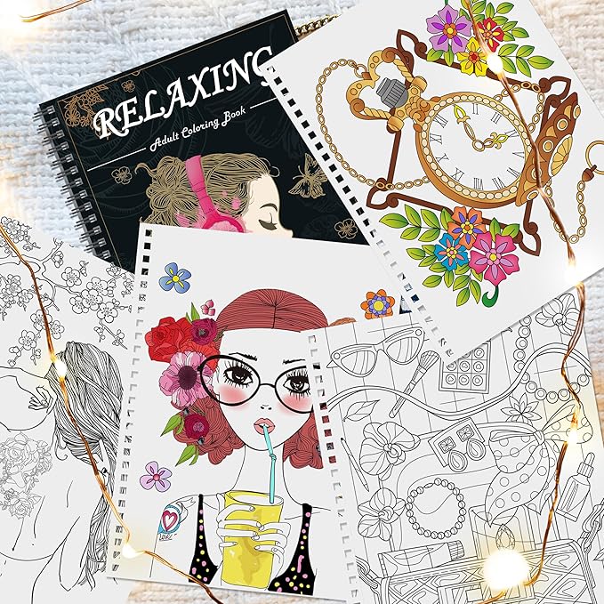 Kalysky Adults Coloring Books for Women Set - Relaxation Coloring Book and 36 Color Coloring Markers for Adults, Spiral Binding,Women's Freedom and Stress Relief