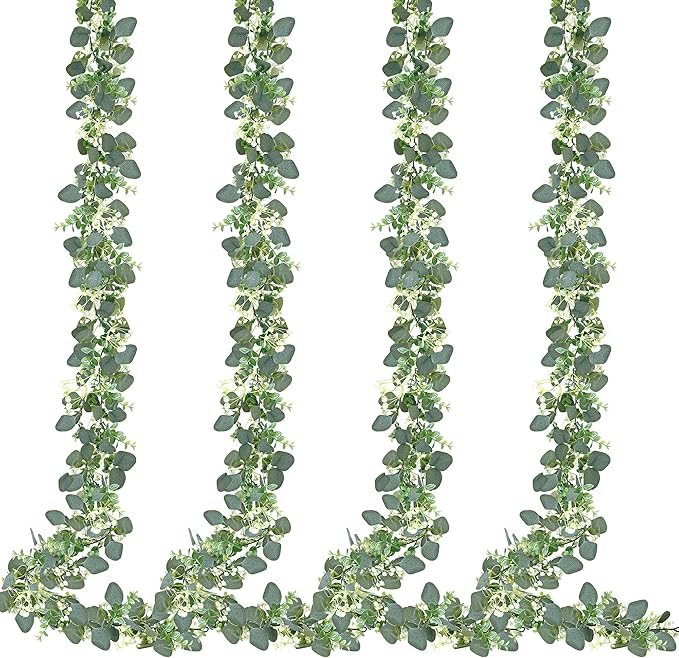 Sggvecsy 4 Pack Artificial Eucalyptus Garland Eucalyptus Leaves Vines Greenery Garland Faux Silver Dollar Eucalyptus Leaves for Table Party Wedding Indoor Outdoor Home Mantle Wall Decor