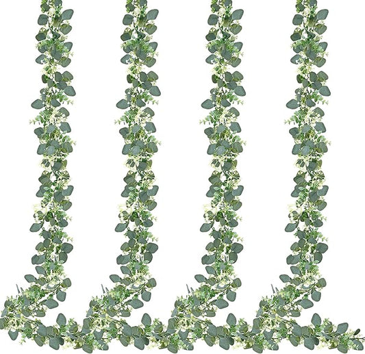 Sggvecsy 4 Pack Artificial Eucalyptus Garland Eucalyptus Leaves Vines Greenery Garland Faux Silver Dollar Eucalyptus Leaves for Table Party Wedding Indoor Outdoor Home Mantle Wall Decor