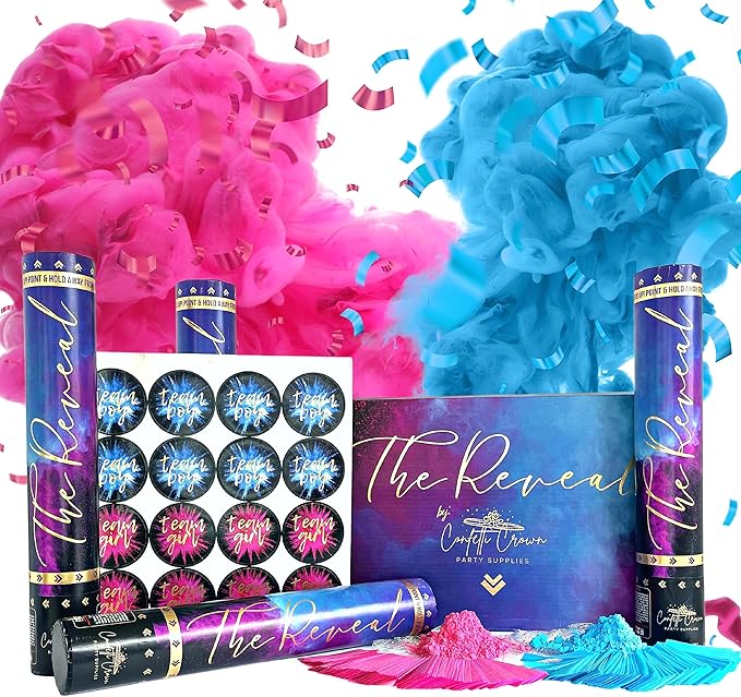 Confetti Crown Baby Gender Reveal Confetti Powder Cannon | 12” [PACK OF 4] 2 Pink & 2 Blue - 100% Biodegradable Confetti & Powder Smoke (Pink/Blue)