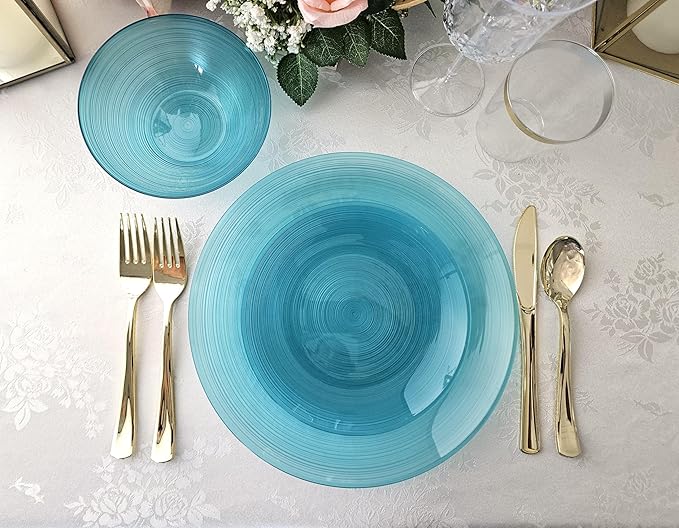OCCASIONS 50 Plates Pack (25 Guests) Aqua Blue Disposable Plastic Plates for Party Wedding - 25 x 10" Dinner + 25 x 7" Salad Dessert Plates Premium Vintage Design - Belize in Aqua
