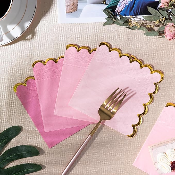 100 Pcs Pink Cocktail Napkins with Gold Foil Scalloped Edges 5 x 5 Inch Dessert Napkins Disposable Thick Paper for Wedding Dinner Birthday Party