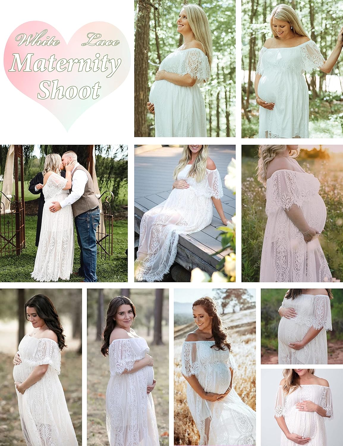 HOYISHION Women's Off The Shoulder Floral Lace Maxi Dress White Bridesmaid Wedding Party Maternity Photoshoot Long Dresses